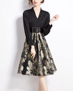 vestido-midi-elegante-negro-con-falda-brocada-dorada-y-cinturon-ancho
