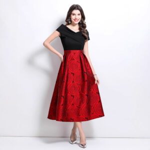 vestido-midi-de-fiesta-elegante-con-falda-de-rosas-jacquard