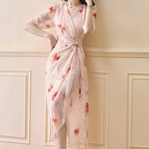 vestido-midi-de-mujer-estampado-con-manga-corta-y-diseno-entallado